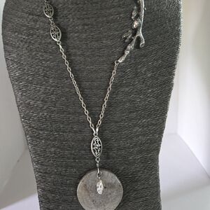 Vintage Pewter Crystal Intricate Long Necklace